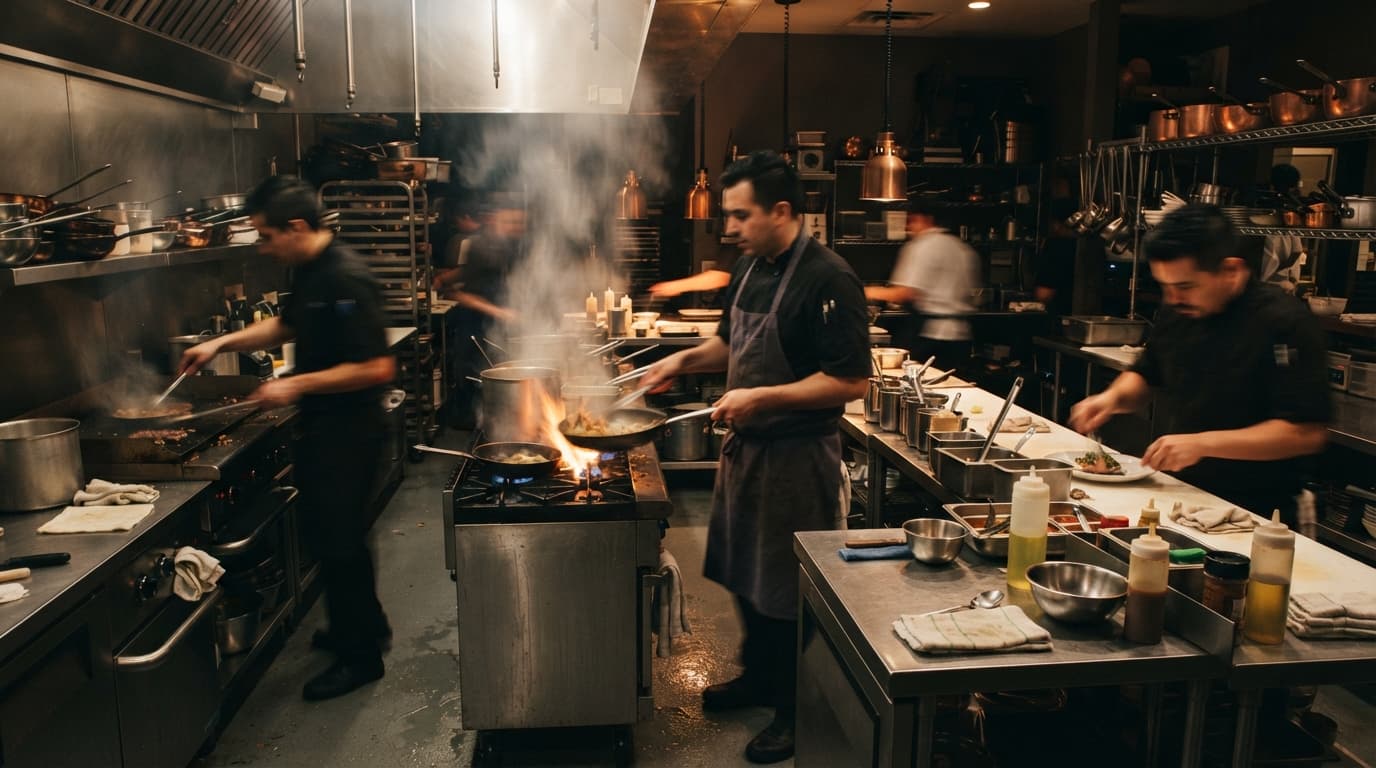 Restaurant kitchen line with steam and stainless steel